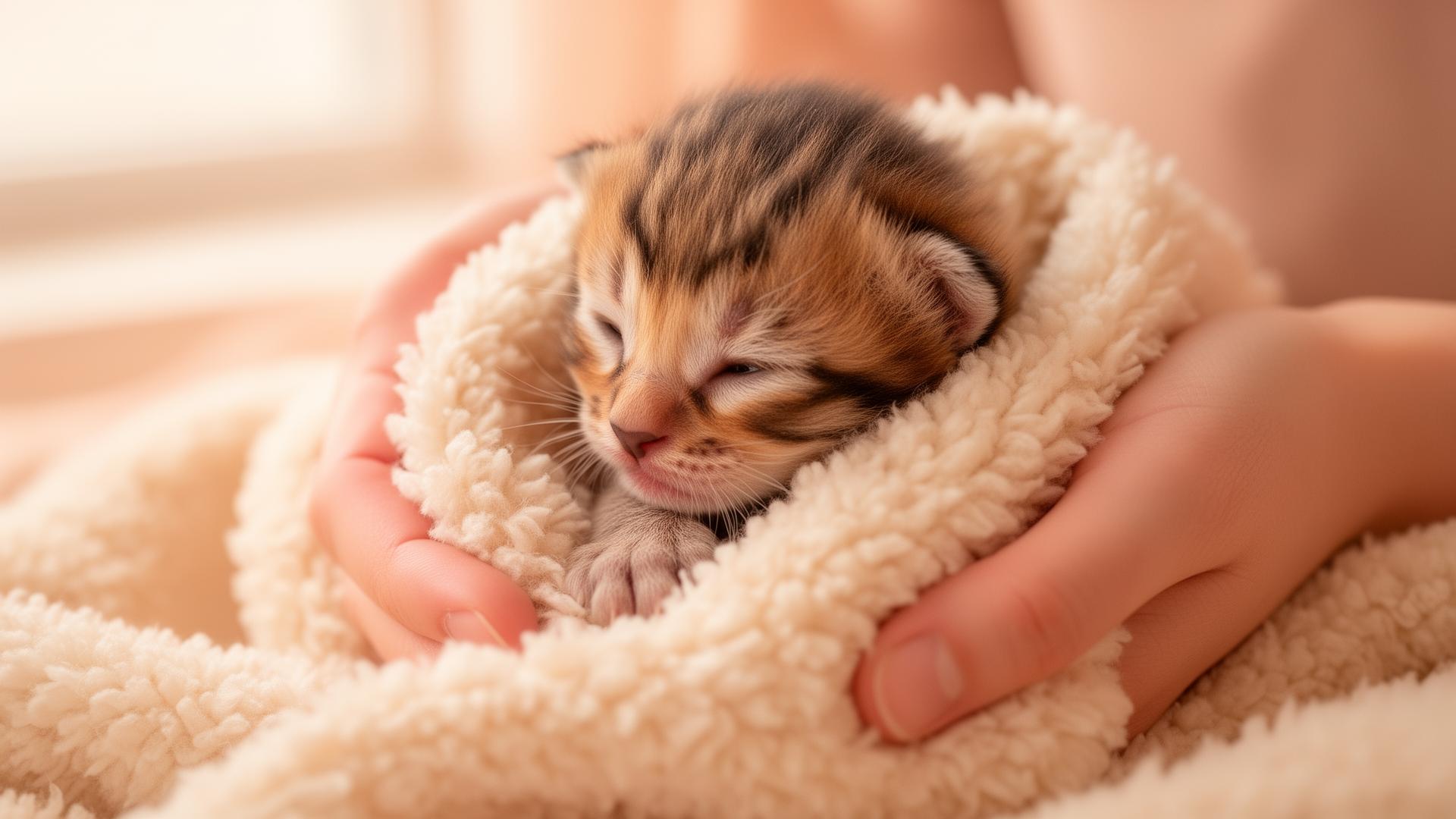 Newborn kitten sleeping in cupped hands wrapped in a soft cream blanket